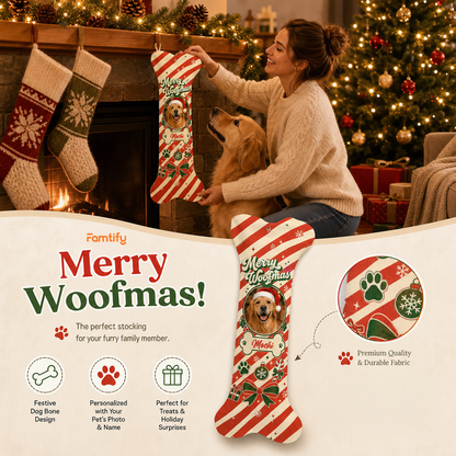 Personalized Merry Woofmas Peppermint Stripe dog bone Christmas stocking, view 2