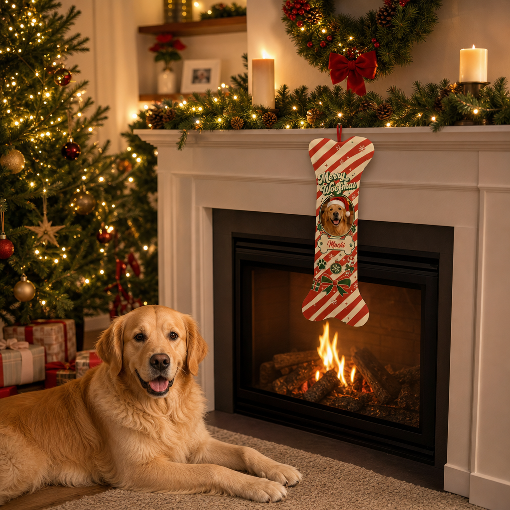 Personalized Merry Woofmas Peppermint Stripe dog bone Christmas stocking, view 3