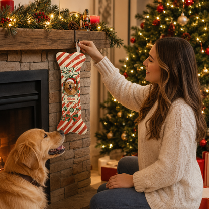 Personalized Merry Woofmas Peppermint Stripe dog bone Christmas stocking, view 4