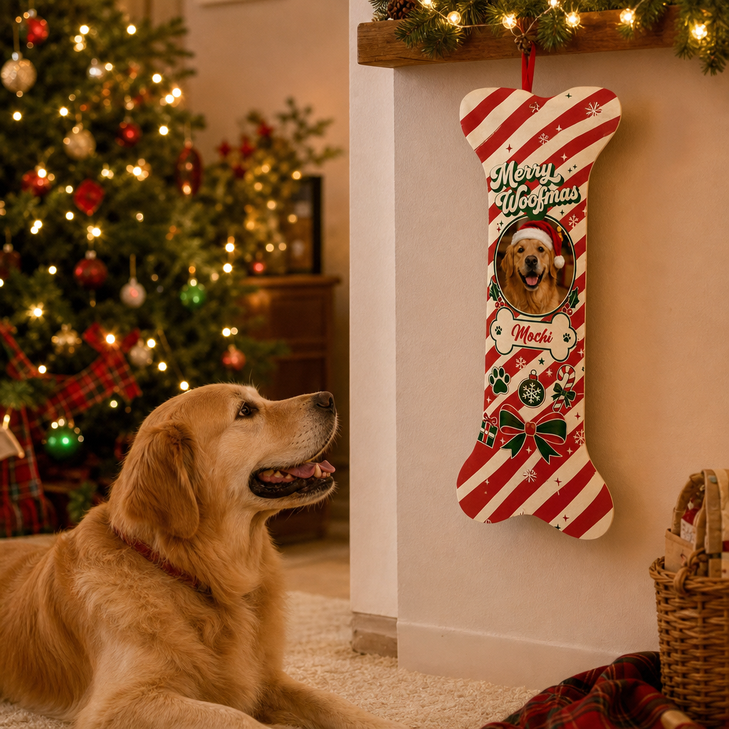 Personalized Merry Woofmas Peppermint Stripe dog bone Christmas stocking, view 6