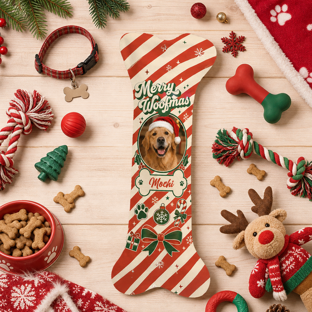 Personalized Merry Woofmas Peppermint Stripe dog bone Christmas stocking, view 7
