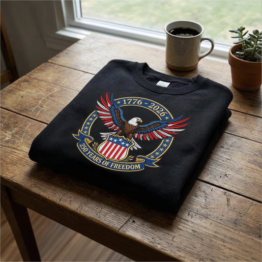 1776–2026 USA Flag Embroidered Sweatshirt - 250th Anniversary Patriotic Shirt