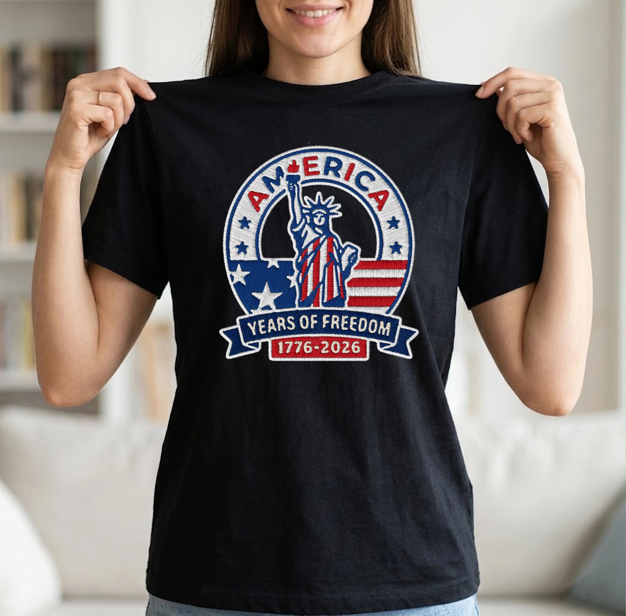 America 250th Anniversary Patriotic Embroidered T-Shirt - Independence Day Tee