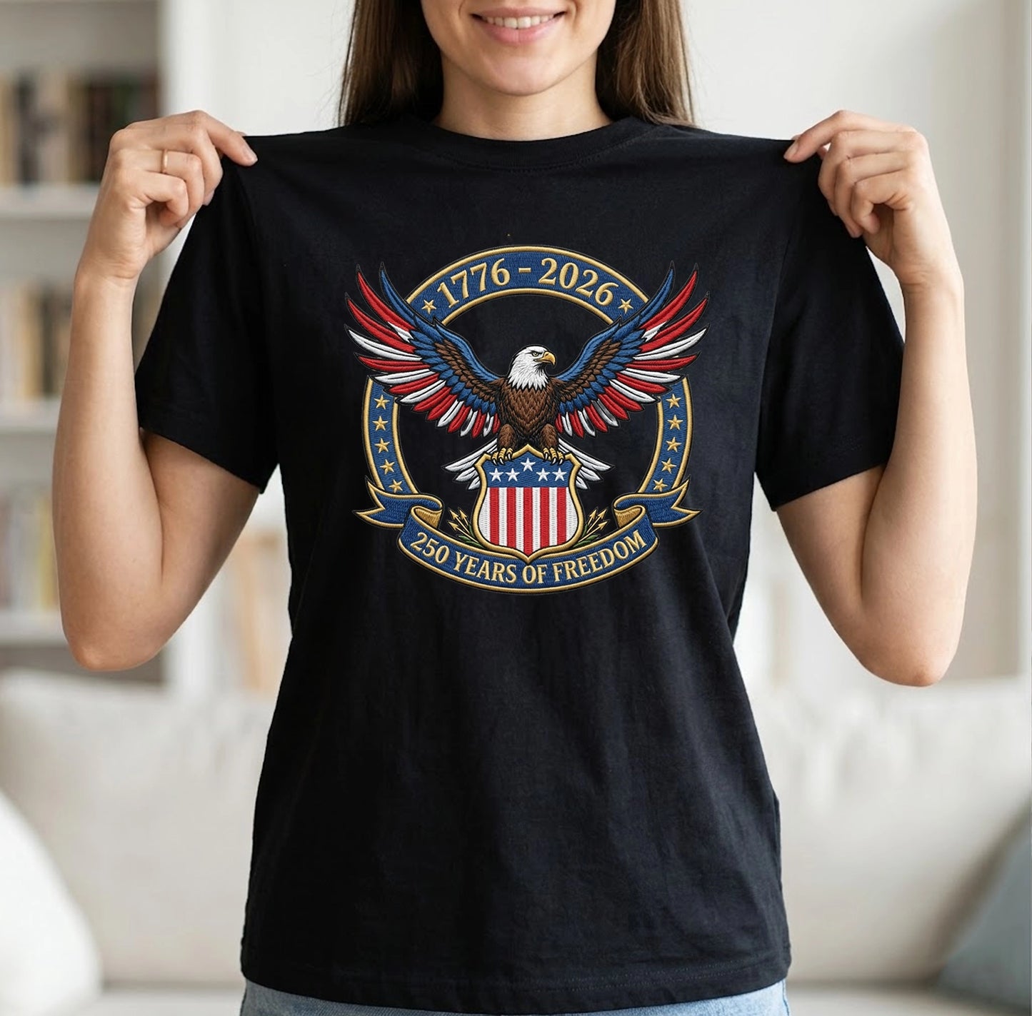 1776-2026 USA Flag Patriotic Embroidered T-Shirt - 250 Years Anniversary Shirt