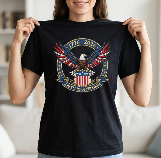 1776-2026 USA Flag Patriotic Embroidered T-Shirt - 250 Years Anniversary Shirt
