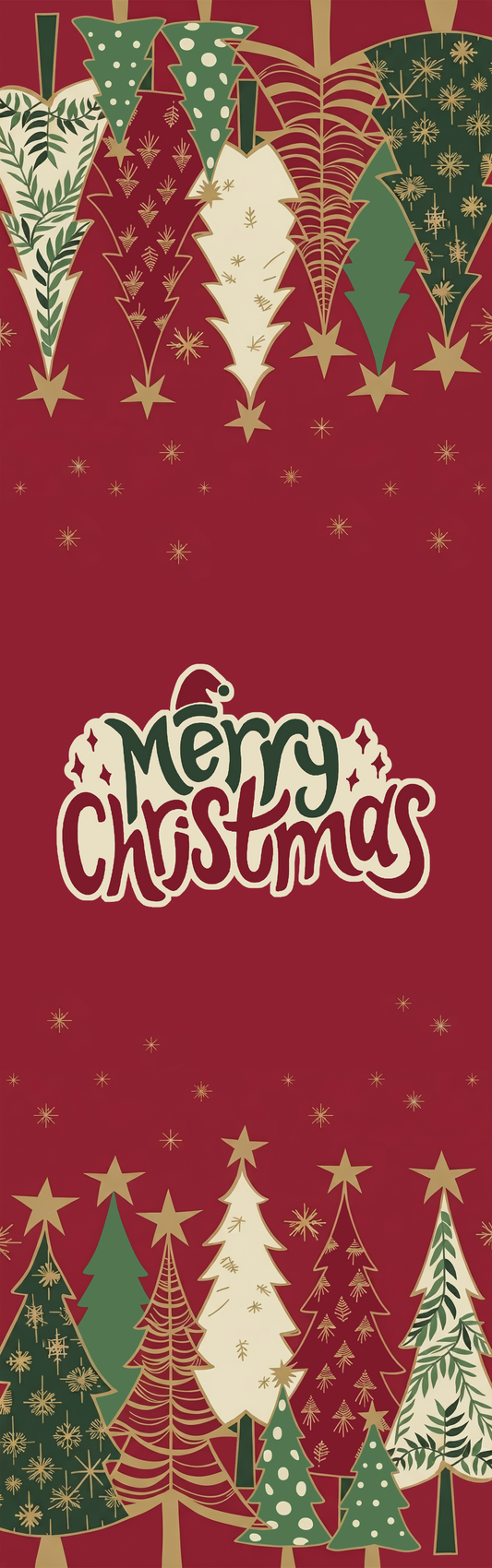 Full length red runner design with festive tree forest at both ends and Merry Christmas lettering in the center