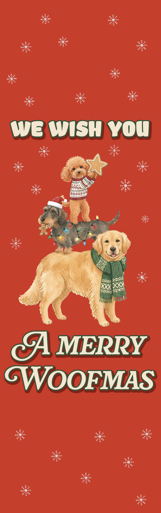 Full length red Merry Woofmas runner design with three stacked dogs in scarves and snowflakes