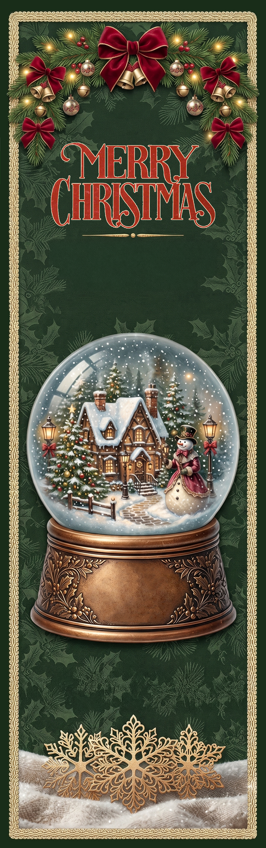 Full length green runner design with red bow garland, Merry Christmas and vintage snow globe above gold snowflakes