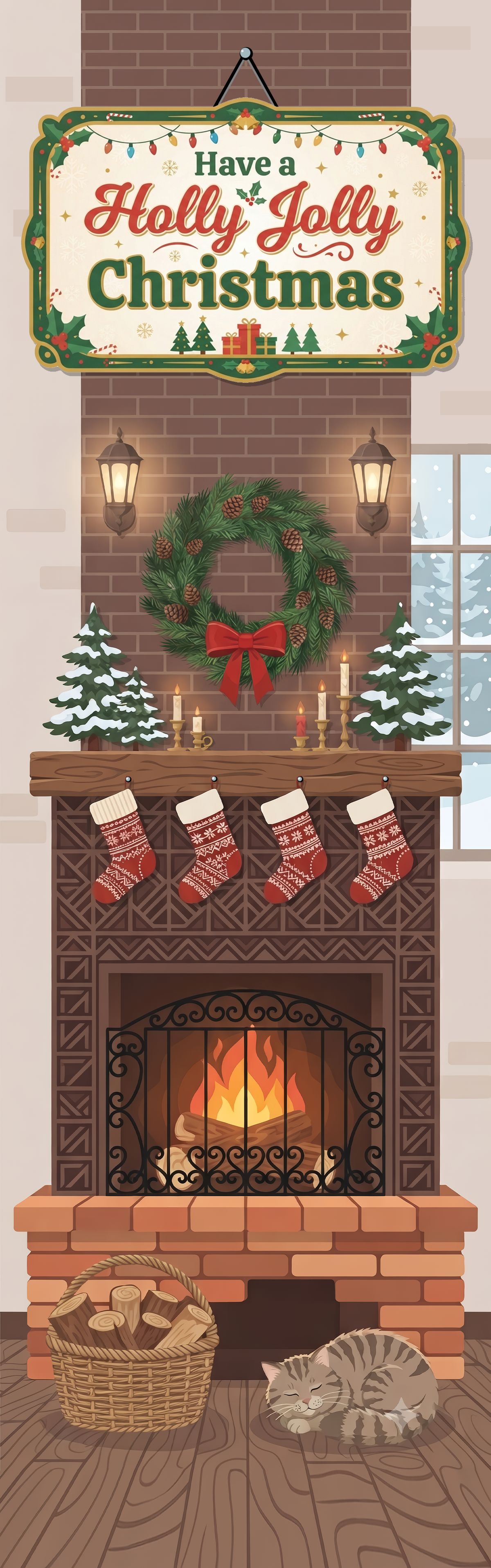 Personalized Family Name Fireplace & Sleeping Cat Christmas Quilt Table Runner in Warm Brown & Red, Custom Holly Jolly Christmas Quilted Table Runner Decor, Rustic Holiday Dining Room Table Topper