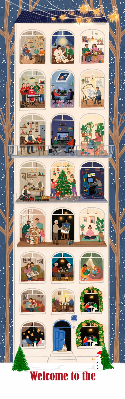 Full length design of a blue framed building with glowing holiday windows, trees and wreaths and Welcome to the banner