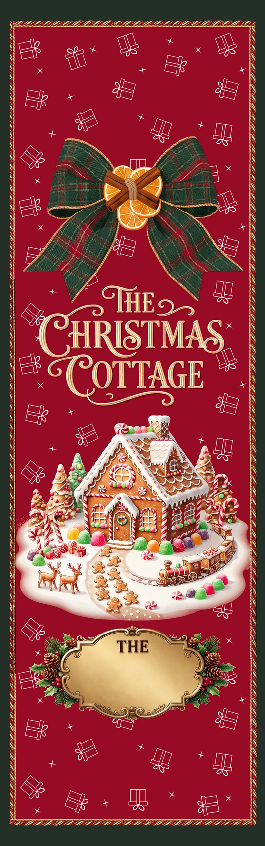Full length red Christmas Cottage runner design with green tartan bow, candy gingerbread house and blank name plaque