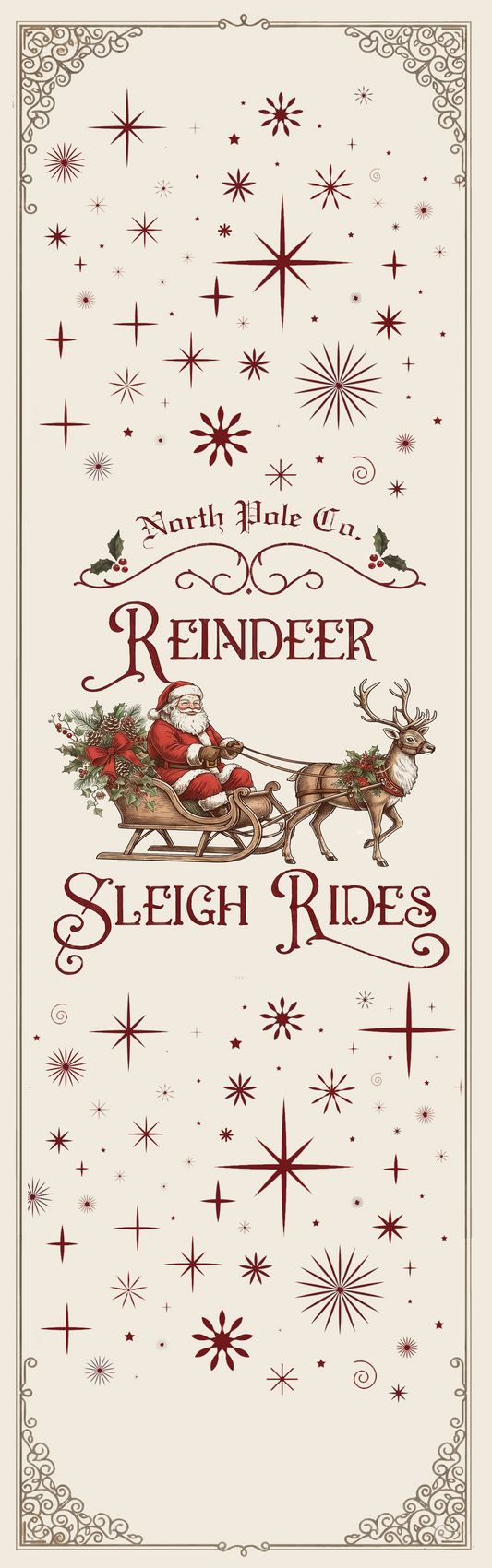 Full length cream runner design with North Pole Co. Reindeer Sleigh Rides sign, Santa's sleigh and burgundy starbursts