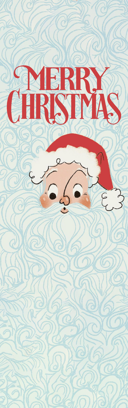 Personalized Family Name Long Beard Santa Christmas Quilt Table Runner in Light Ice Blue & Red, Custom Whimsical Santa Quilted Table Runner Decor, Retro Holiday Dining Room Table Topper