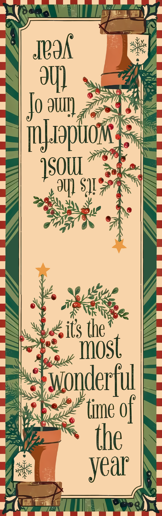 Full length double ended runner design with potted berry pine tree, Most Wonderful Time lettering and candy stripe border