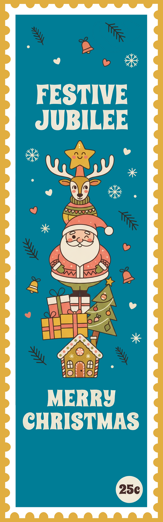 Full length teal stamp design with Festive Jubilee headline, reindeer on Santa, gifts and gingerbread house and 25 cent mark