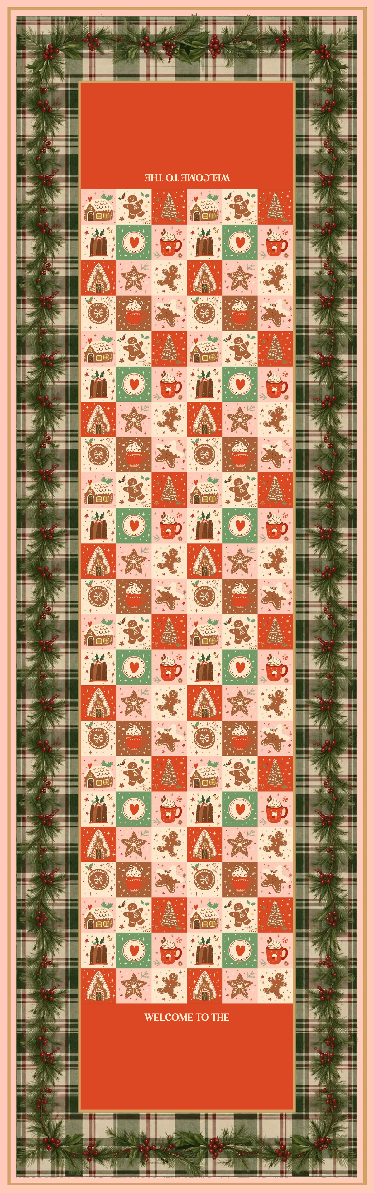 Personalized Family Name Patchwork Plaid Christmas Quilt Table Runner in Red & Green, Custom Gingerbread & Tree Grid Quilted Table Runner Decor, Rustic Holiday Dining Room Table Topper