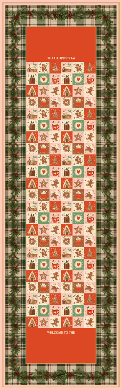 Personalized Family Name Patchwork Plaid Christmas Quilt Table Runner in Red & Green, Custom Gingerbread & Tree Grid Quilted Table Runner Decor, Rustic Holiday Dining Room Table Topper