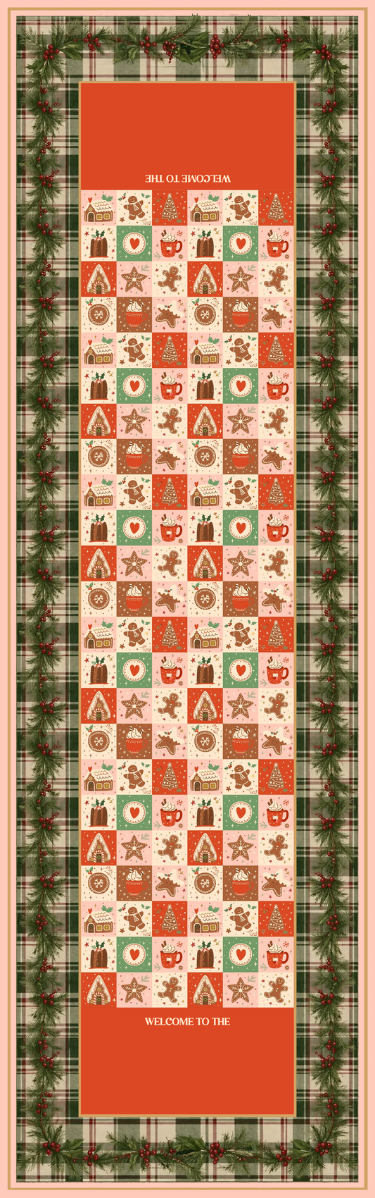 Full length red and green patchwork quilted table runner with gingerbread, tree and gift grid and plaid border
