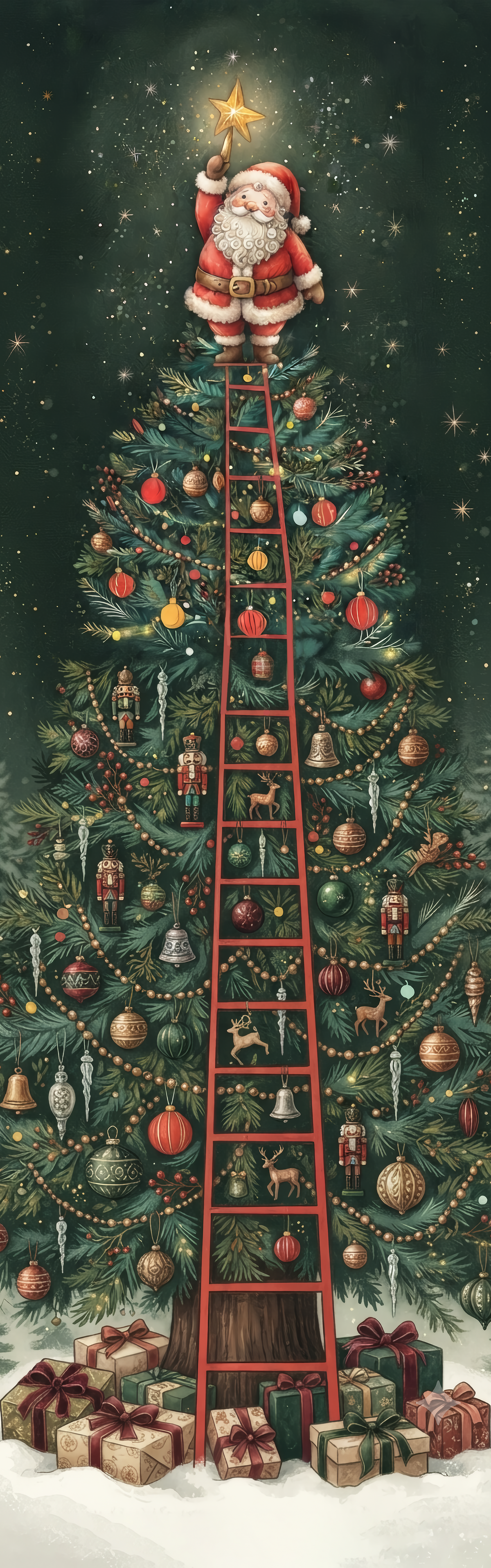 Personalized Family Name Santa Climbing Ladder Quilt Table Runner, Custom Vintage Christmas Tree Quilted Table Runner Decor, Nostalgic Holiday Dining Room Table Topper