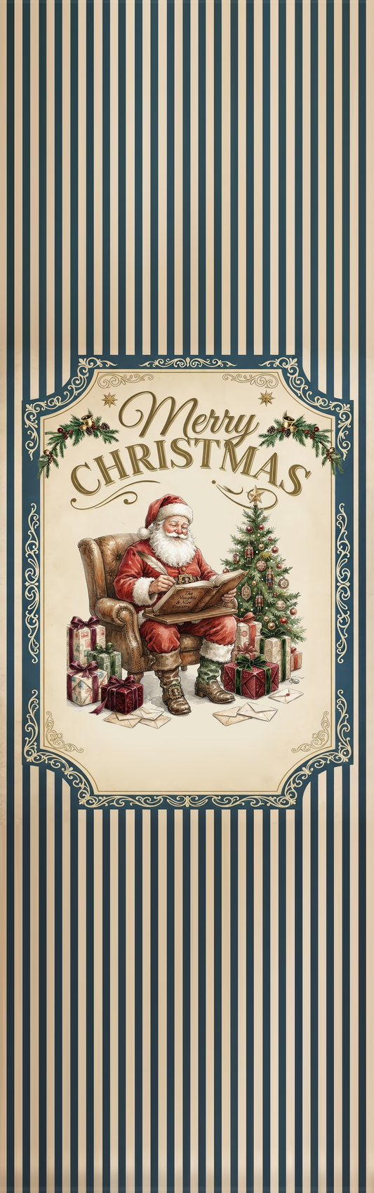 Full length navy pinstripe runner design with framed nostalgic Santa in an armchair beside gifts and a Christmas tree