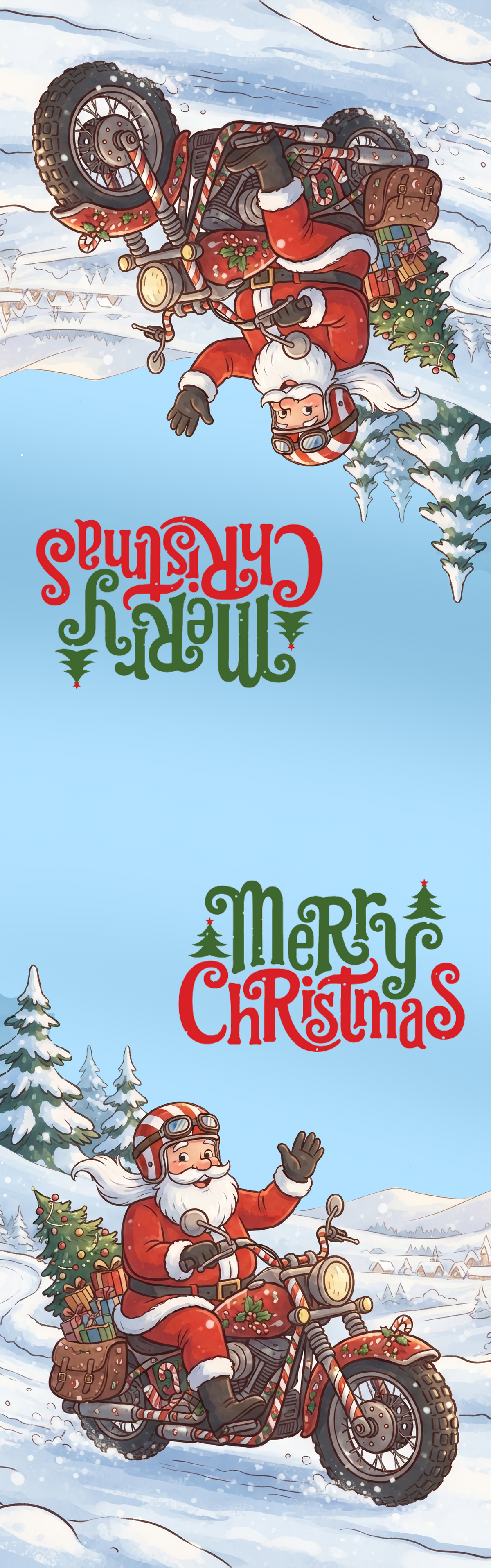 Personalized Motorcycle Biker Santa Christmas Table Runner, Custom Family Name Light Blue Snowy Winter Biker Santa Holiday Table Runner & Dining Decor