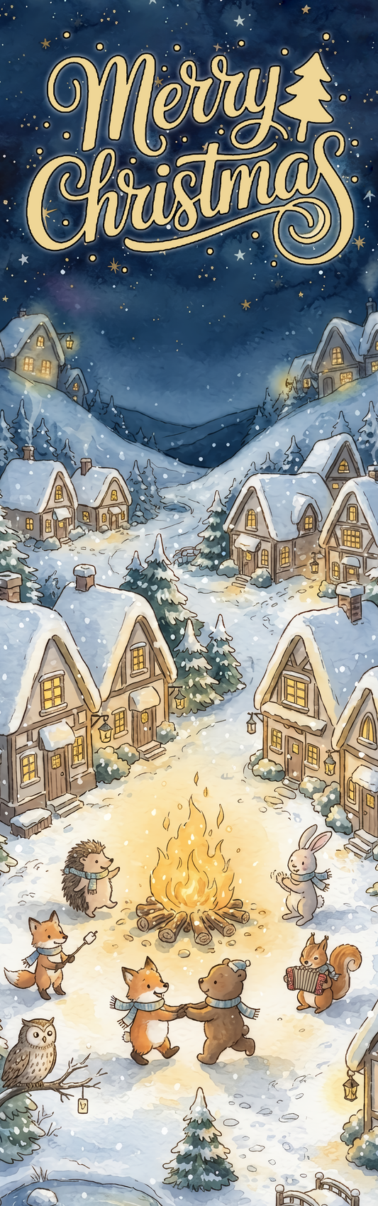 Full length woodland animals campfire runner design with gold Merry Christmas lettering over a night winter village