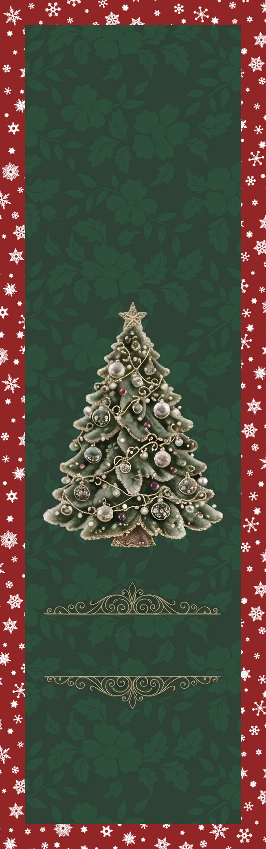 Full length green runner design with elegant frosted pine tree, blank name scroll and red snowflake border