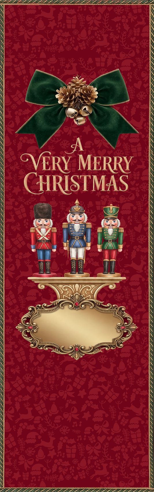 Full length red damask runner design with green velvet bow, nutcracker toy soldiers and blank gold name plaque