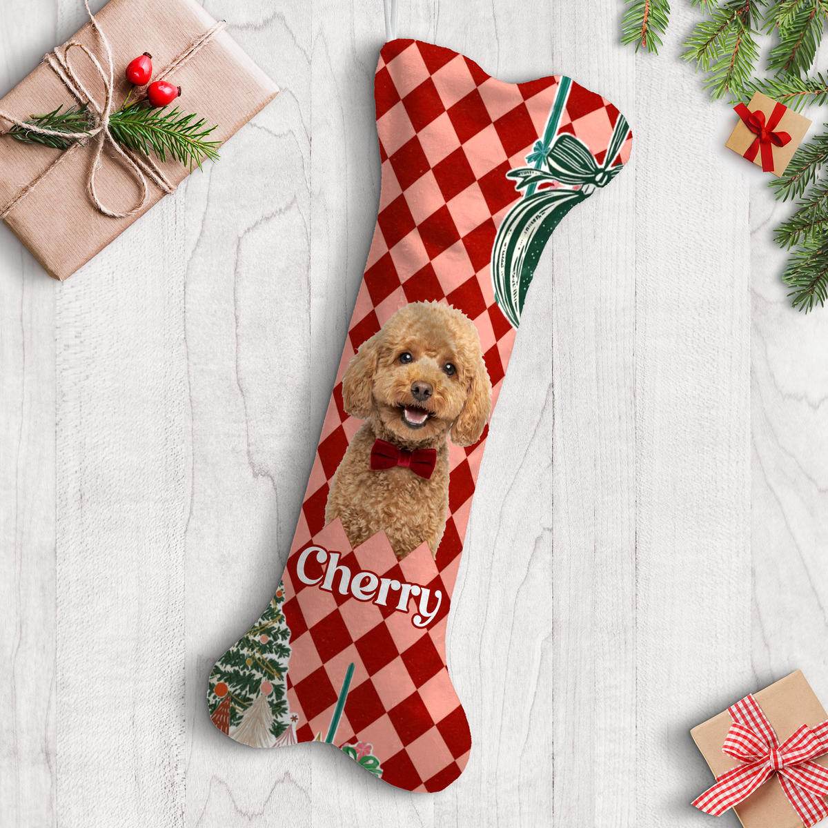 Personalized Harlequin Diamond Ribbon Bow dog bone Christmas stocking with custom dog photo and name