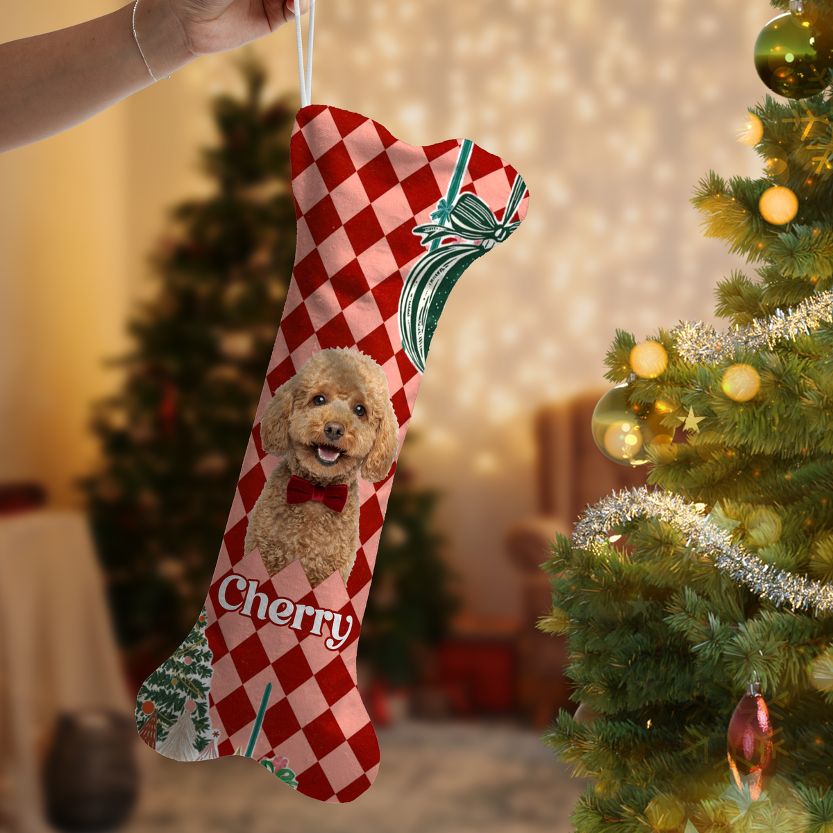 Personalized Harlequin Diamond Ribbon Bow dog bone Christmas stocking with custom dog photo and name, view 2