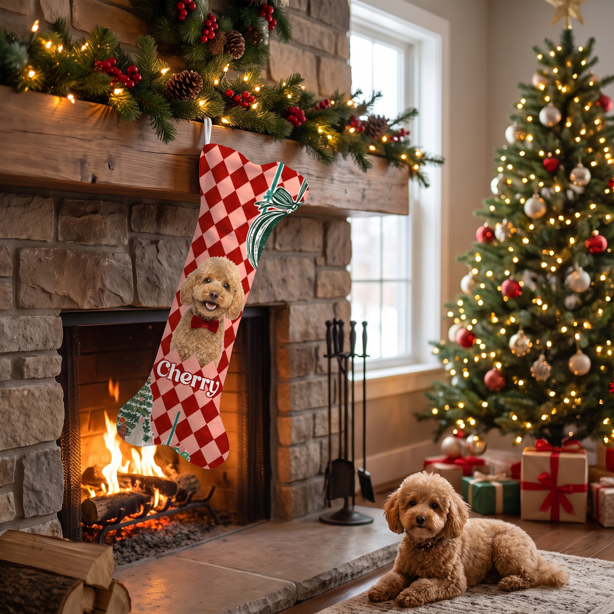 Personalized Harlequin Diamond Ribbon Bow dog bone Christmas stocking with custom dog photo and name, view 3
