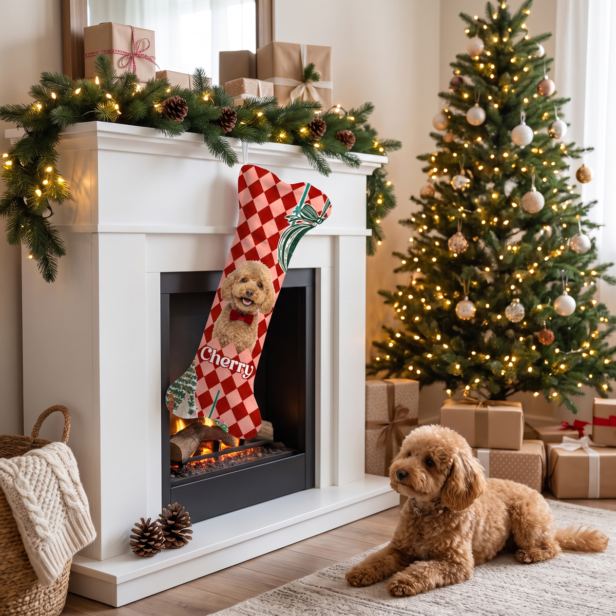 Personalized Harlequin Diamond Ribbon Bow dog bone Christmas stocking with custom dog photo and name, view 4
