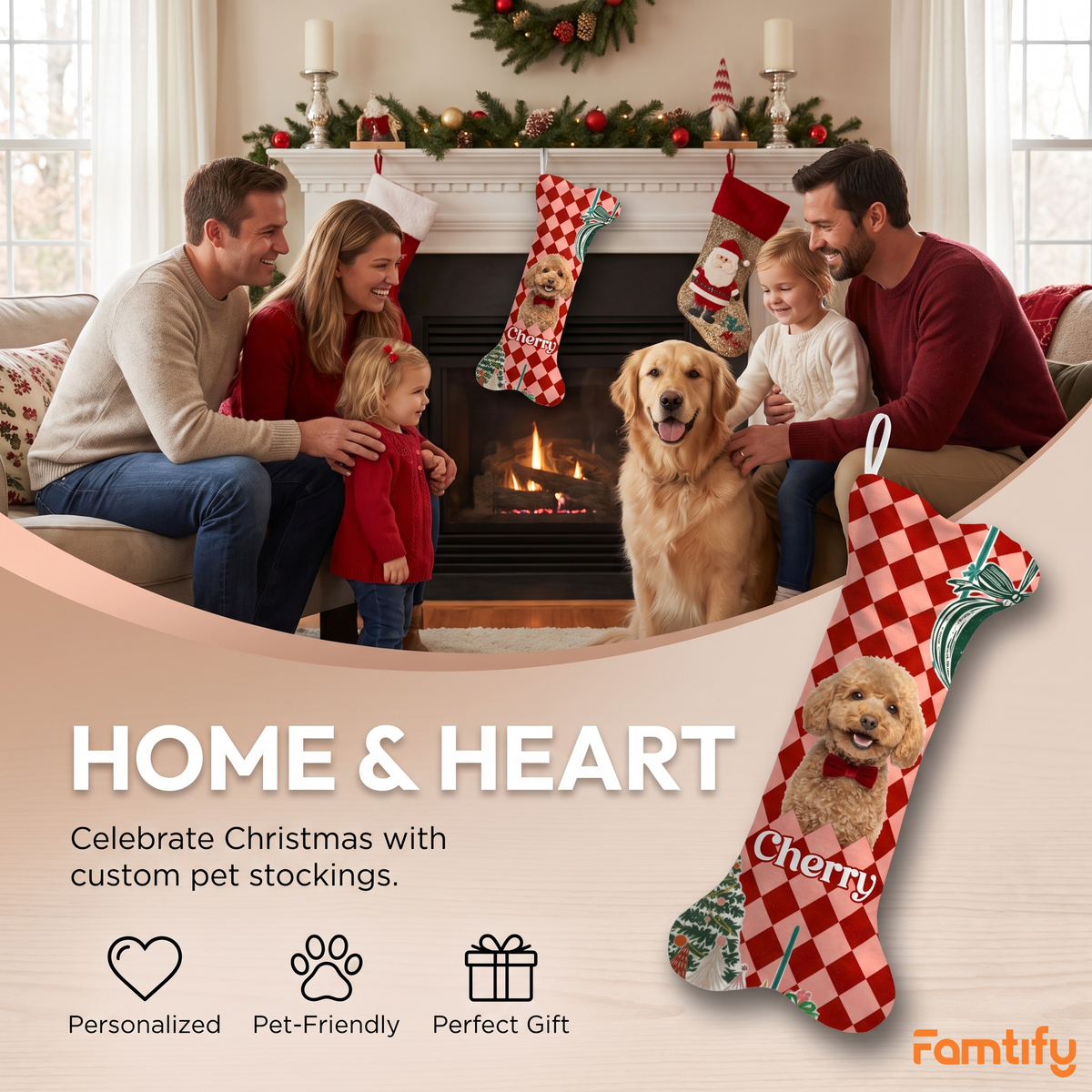 Personalized Harlequin Diamond Ribbon Bow dog bone Christmas stocking with custom dog photo and name, view 6