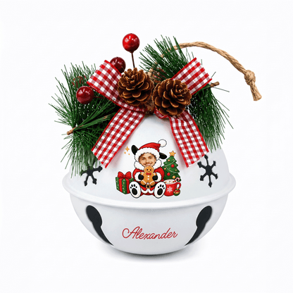 Custom photo puppy Santa cookie jingle bell ornament with face photo and name