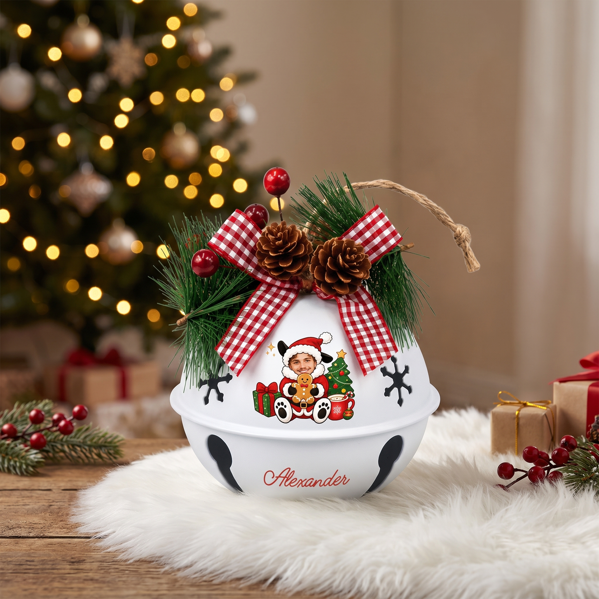 Personalized puppy Santa photo jingle bell ornament in a cozy Christmas setting