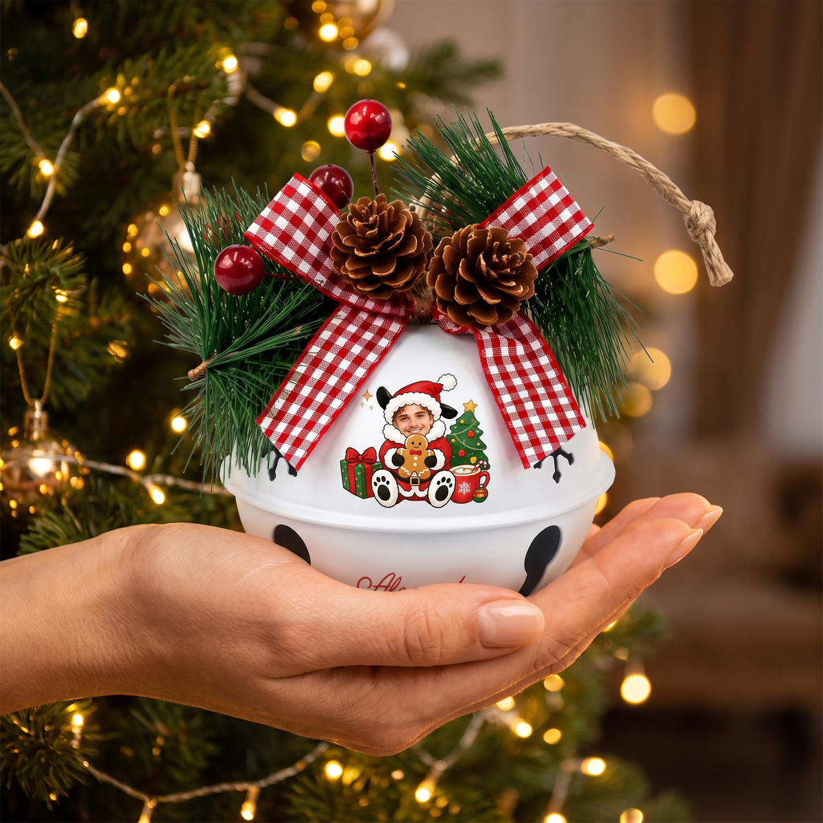 Custom puppy Santa cookie jingle bell ornament with name for holiday decor