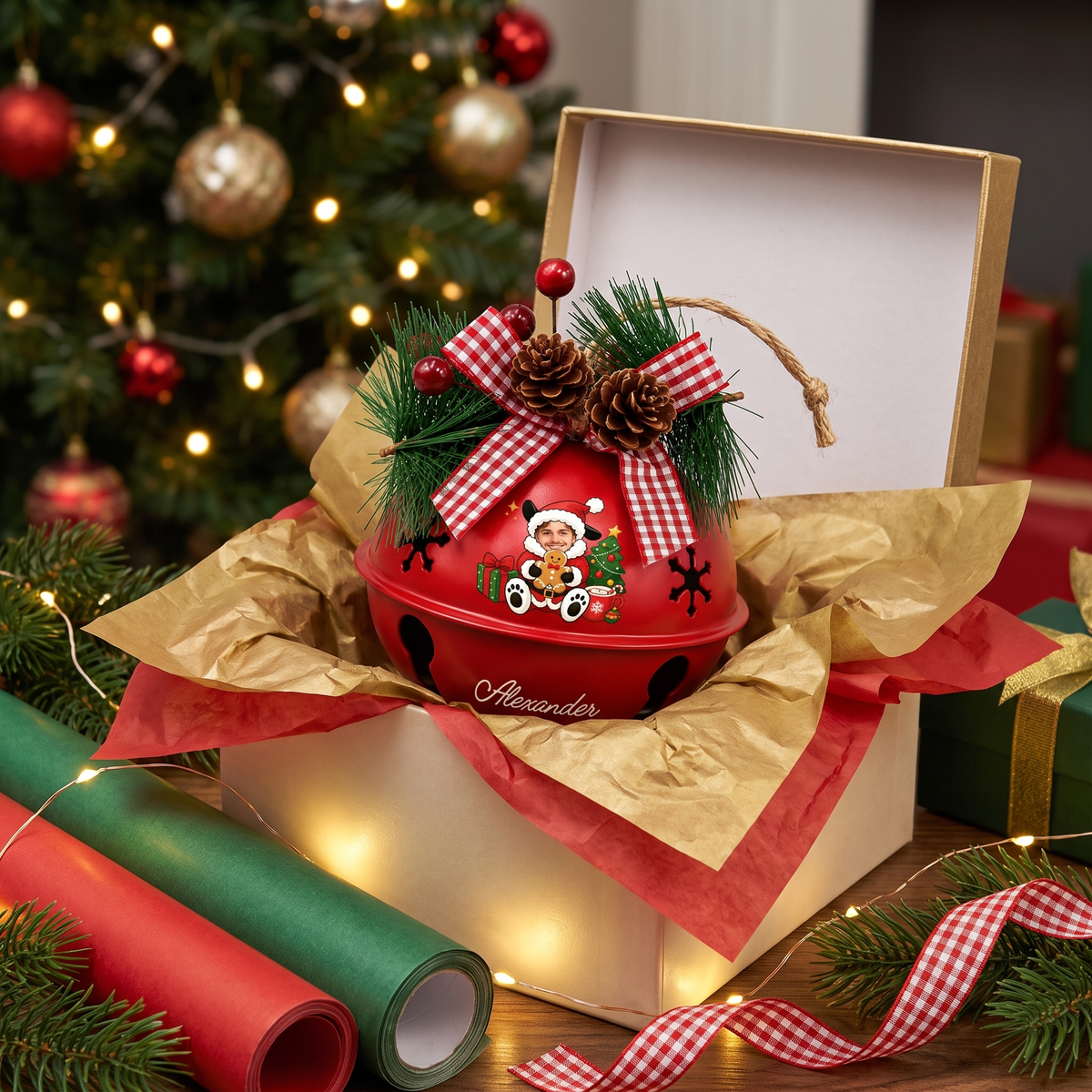 Custom photo puppy Santa jingle bell ornament for the Christmas tree