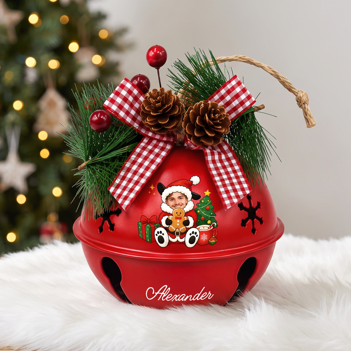 Personalized puppy Santa photo jingle bell ornament on a fluffy rug by the Christmas tree