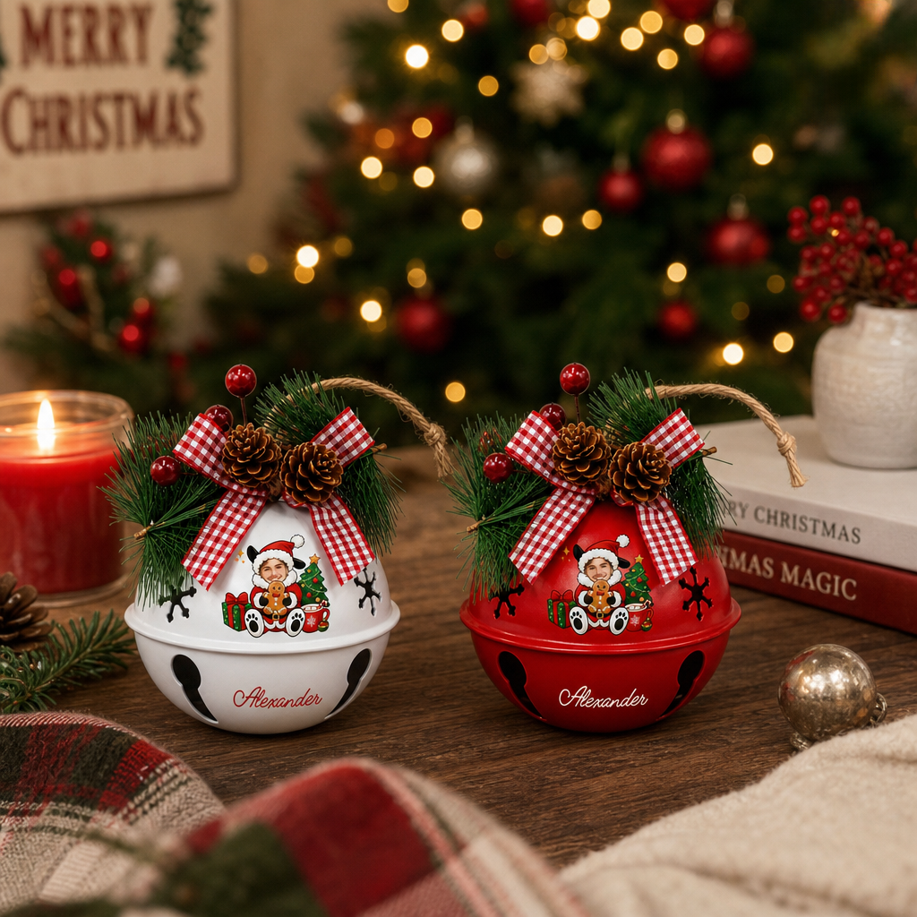Personalized photo jingle bell ornaments, bell color options