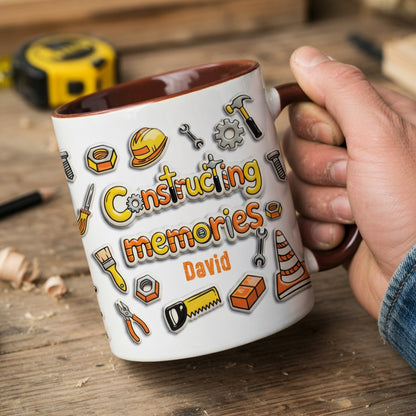 Personalized Dad Construction Mug – “Constructing Memories” Custom Name Coffee Mug