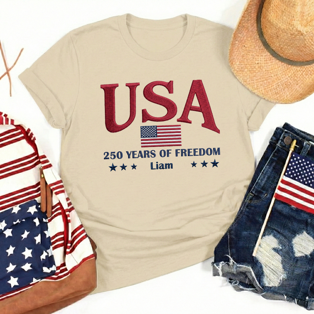 USA 250th Anniversary Embroidered T-Shirt - Celebrate Freedom Patriotic Gift