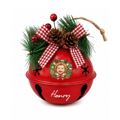 Personalized reindeer wreath baby photo jingle bell ornament, bell color option