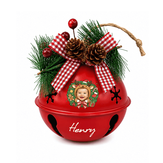 Personalized reindeer wreath baby photo jingle bell ornament, bell color option