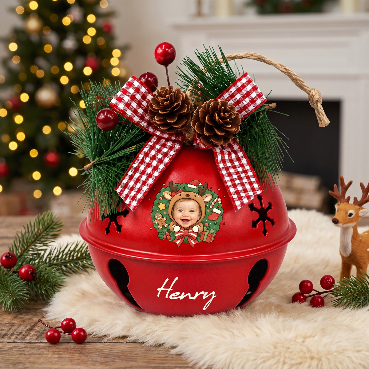 Personalized reindeer wreath baby photo jingle bell ornament in a cozy Christmas setting