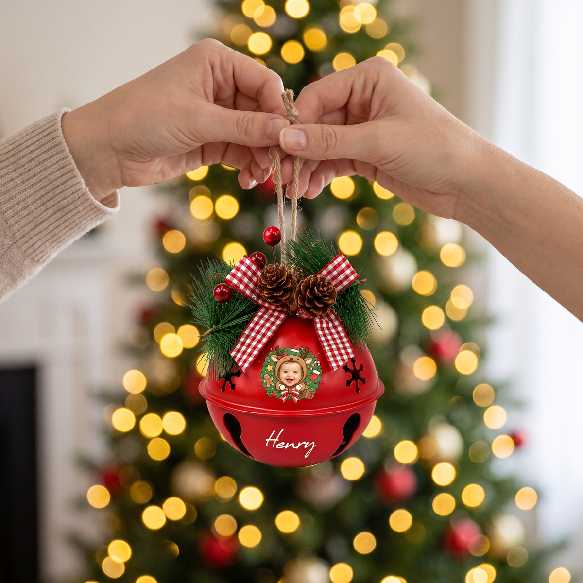 Custom reindeer wreath baby jingle bell ornament with name for holiday decor