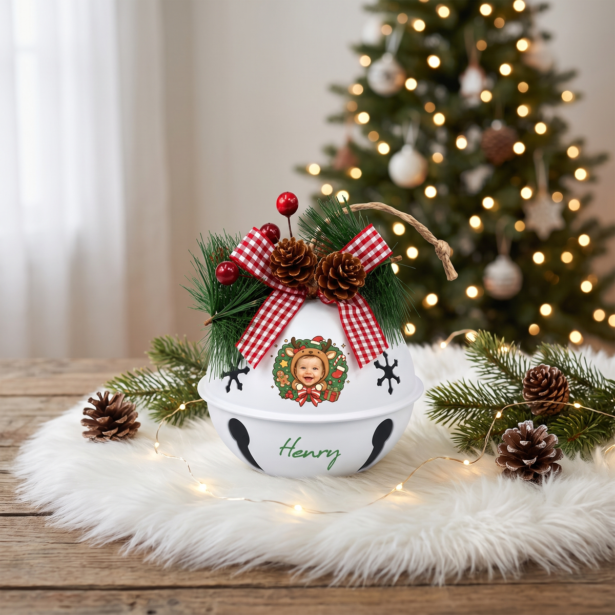 Personalized reindeer wreath baby jingle bell ornament for family Christmas memories