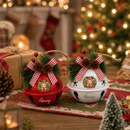 Personalized baby photo jingle bell ornaments, bell color options