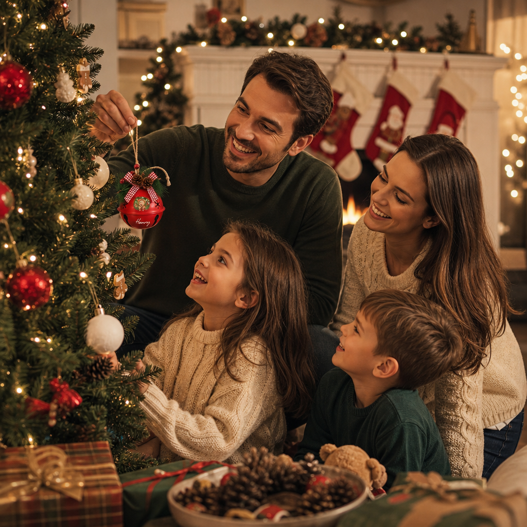 Family decorating the Christmas tree with personalized jingle bell ornaments