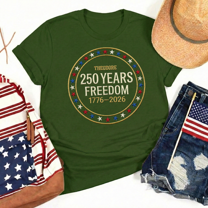 Custom Freedom 250 Years Embroidered T-Shirt - Circular Badge Patriotic USA Gift 1776–2026