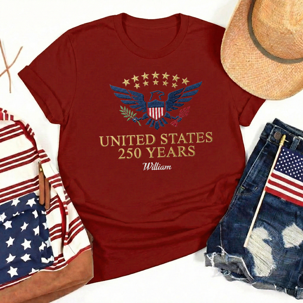 Custom Embroidered USA 250 Years T-Shirt – Semiquincentennial Patriotic Tee